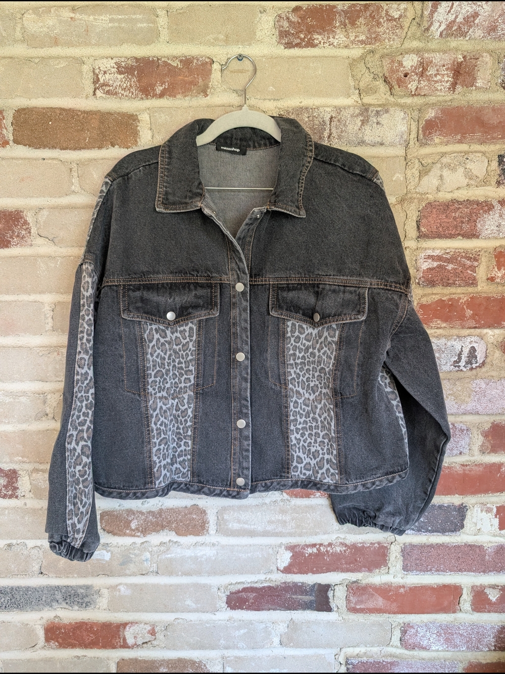 mittoshop Black Denim Jacket with Grey Leopard Panels